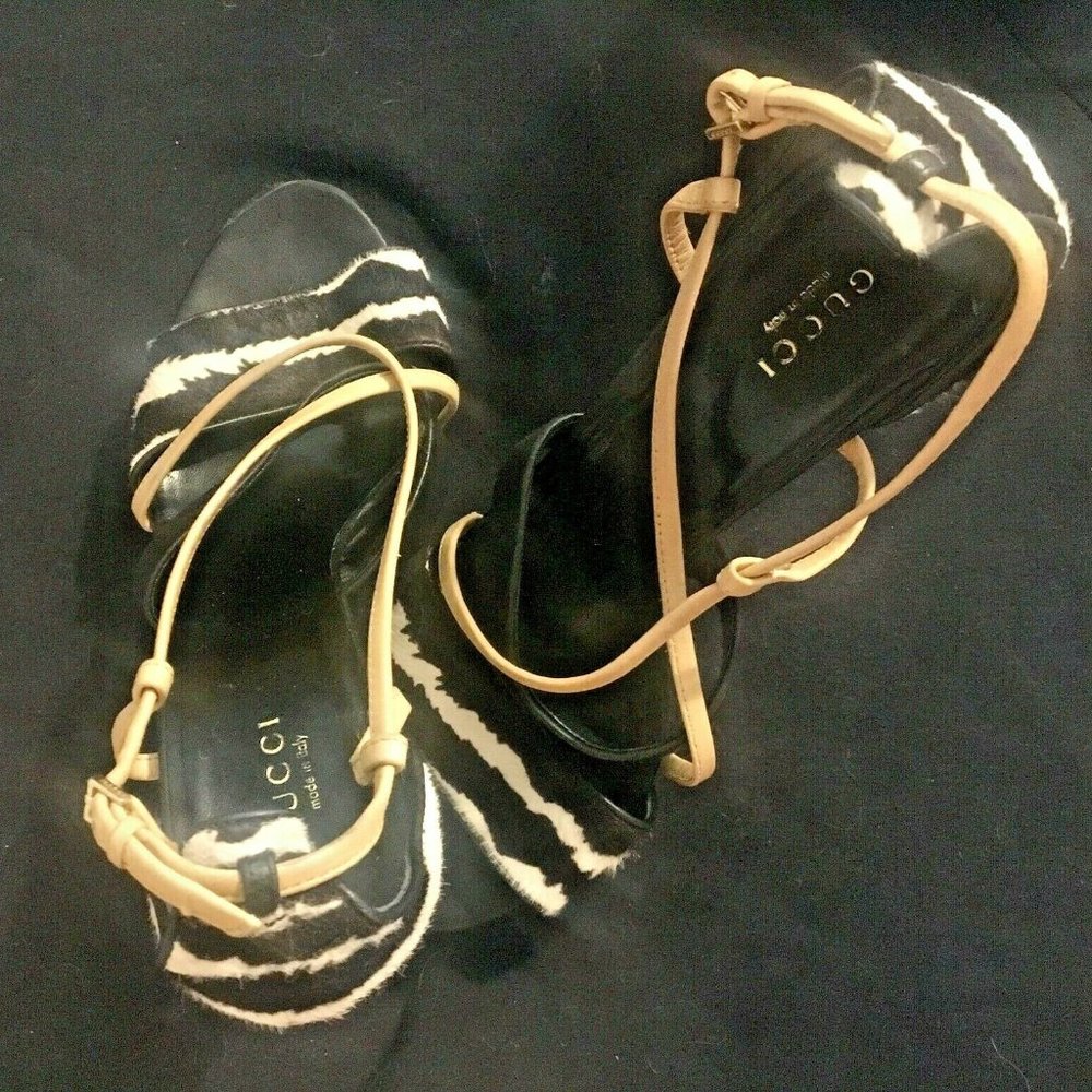 Gucci High Heel Platform Sandal Italy Zebra Print